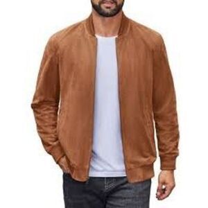 Coofandy Men's L Casual Zip Up Jacket Tan Linen Blend Bomber Spring Minimalist
